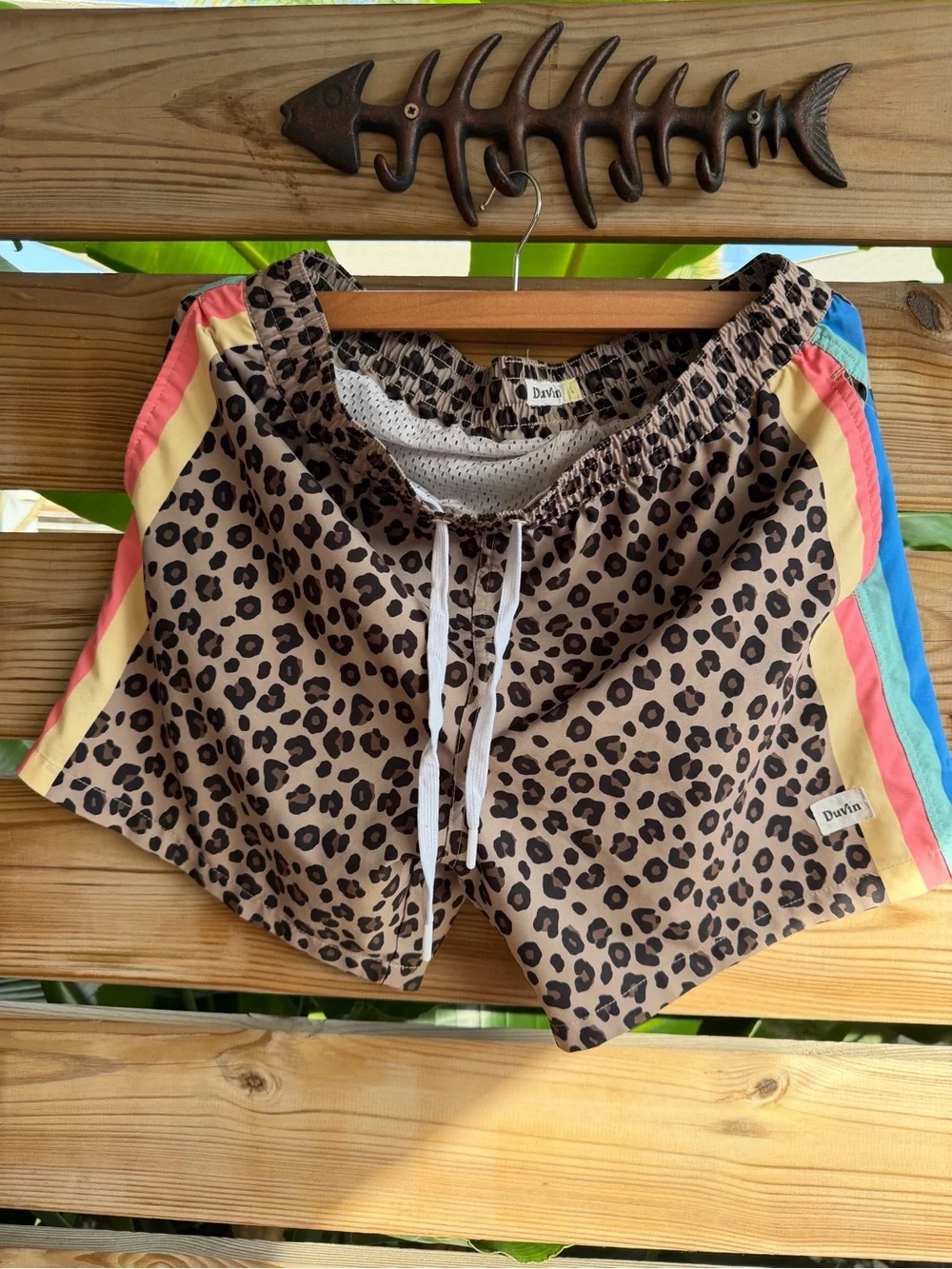 Duvin Leopard Print Athletic Shorts with Rainbow Side Stripes